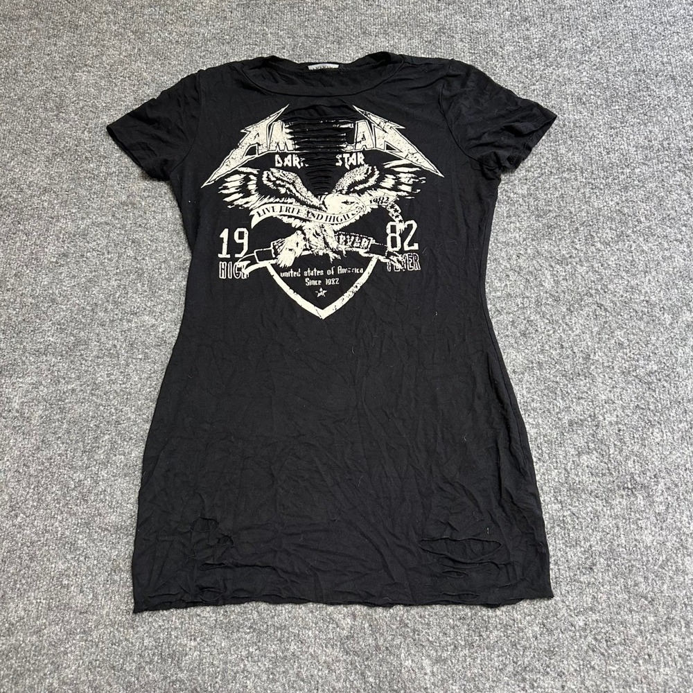 Papaya T-Shirt Dress Womens Size S Black Distressed Eagle Graphic Mini Rocker